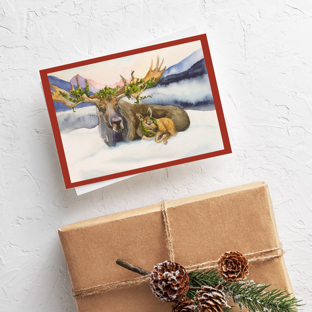 Holiday moose and baby moose card "Peace"