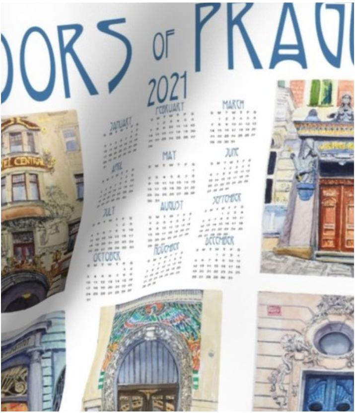 2021 Calendar Doors of Prague Dish Towel or Poster