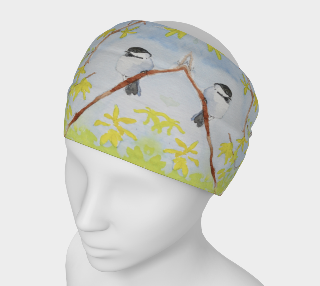 Chickadees and Forsythia 4 in 1 Headband/Hairband/Funnel Scarf/Scrunchy
