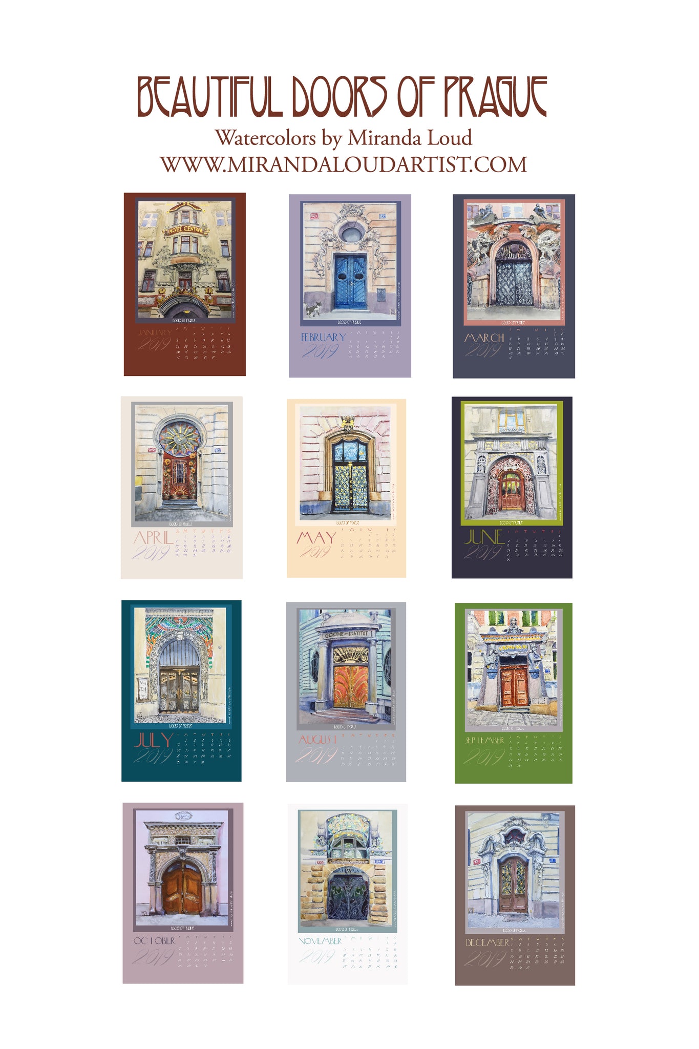 2019 Doors of Prague Desk Calendar - Watercolors by Miranda Loud