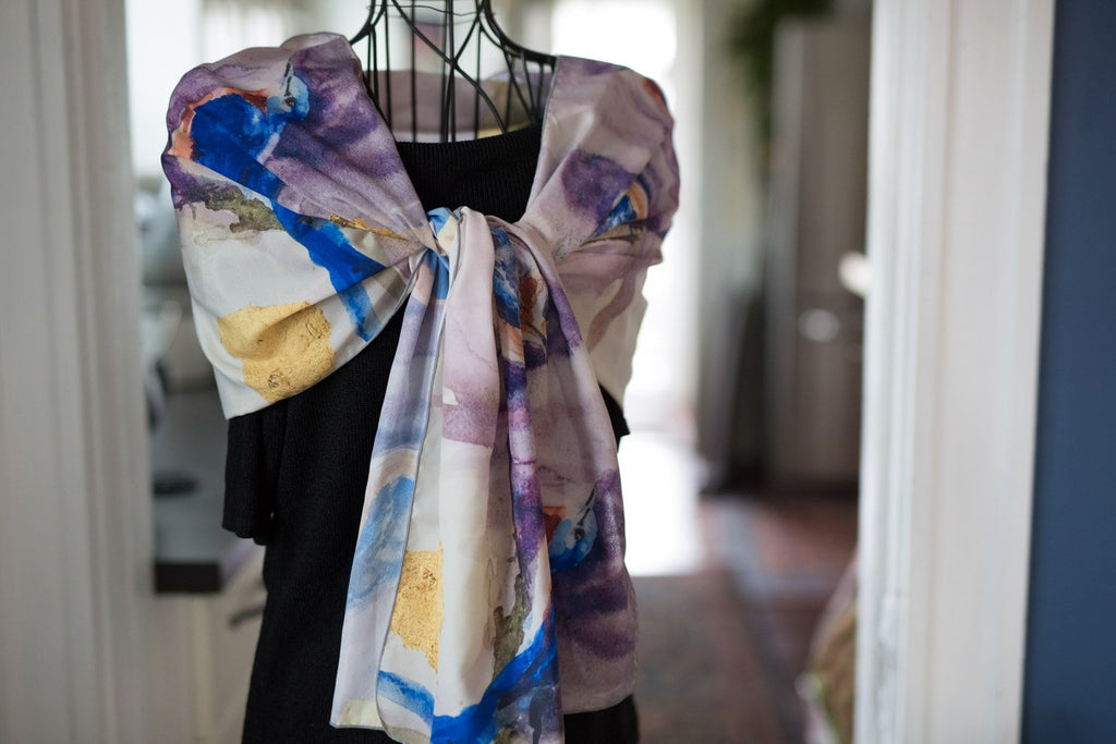 Bluebirds and Gold Pure Habotai Silk Scarf in Two Lengths