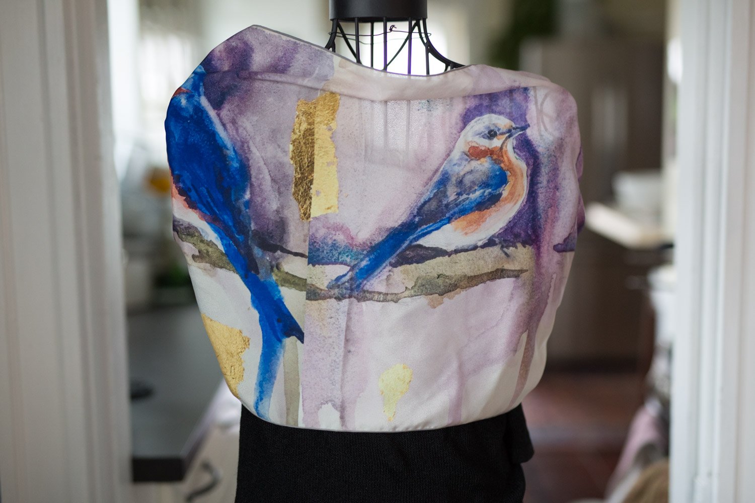 Bluebirds and Gold Pure Habotai Silk Scarf in Two Lengths